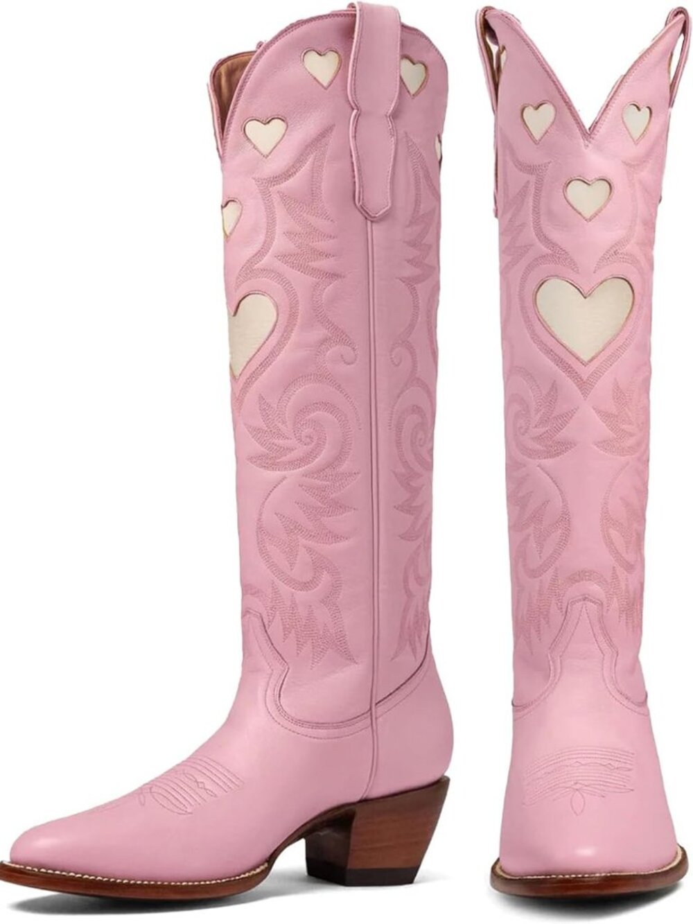 Knee High Boots for Women Heart Embroidered Western Boots Round Toe